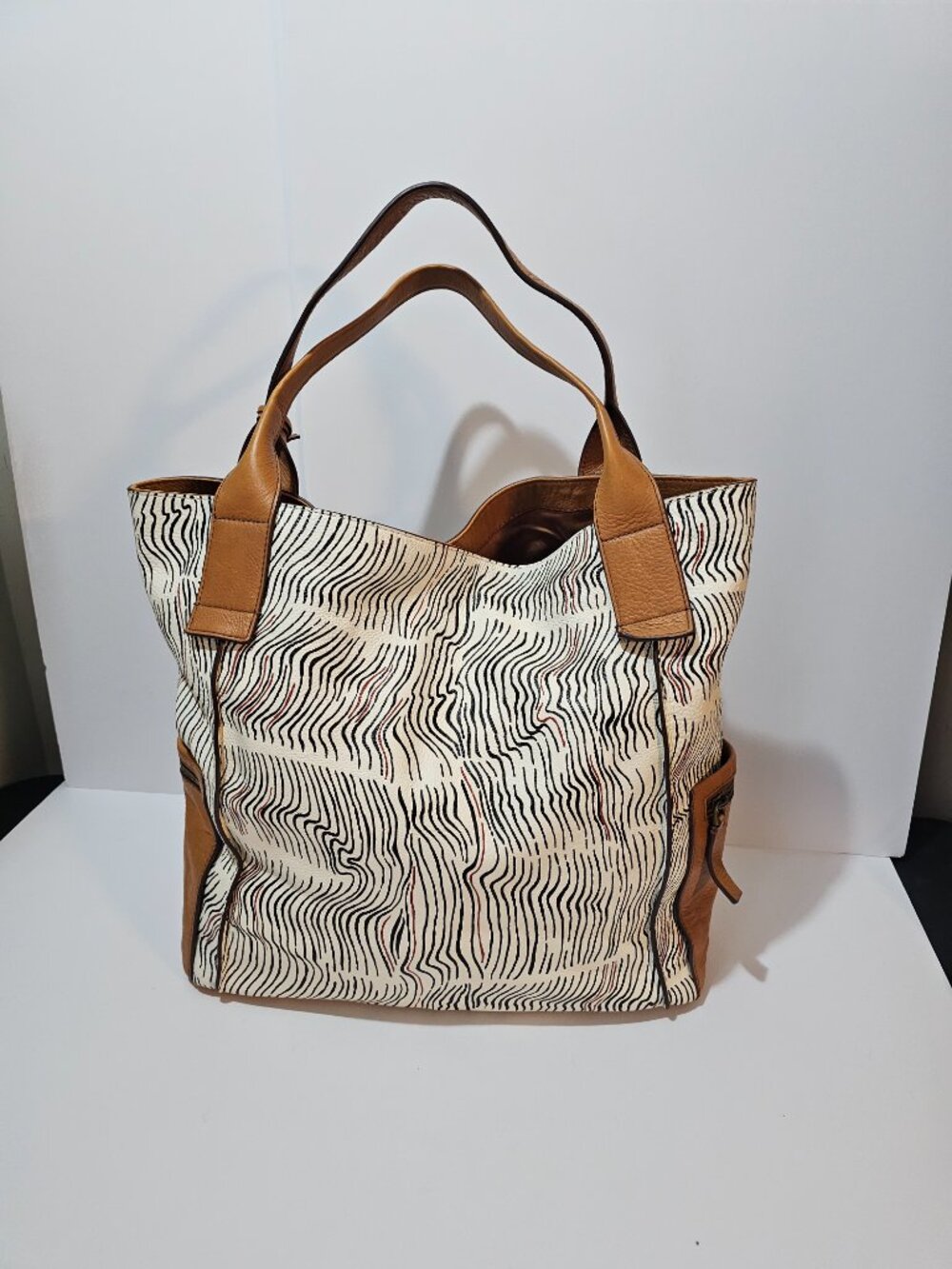 Fossil Bag Tote Leather Ripple Stripe White Camel Casual Office - Picture 4 of 13